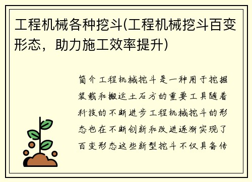 工程机械各种挖斗(工程机械挖斗百变形态，助力施工效率提升)