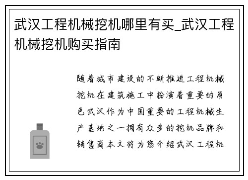 武汉工程机械挖机哪里有买_武汉工程机械挖机购买指南