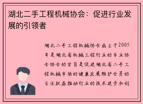 湖北二手工程机械协会：促进行业发展的引领者